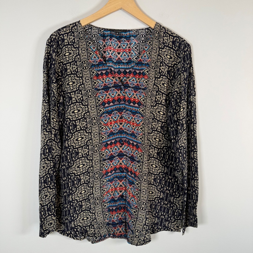 Tolani 100% Silk Geometric Tribal Print Blouse Shirt Top Medium Long Sleeveβ